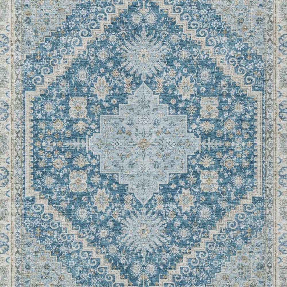 9' X 12' Teal Blue And Silver Oriental Washable Indoor Outdoor Area Rug — view 8