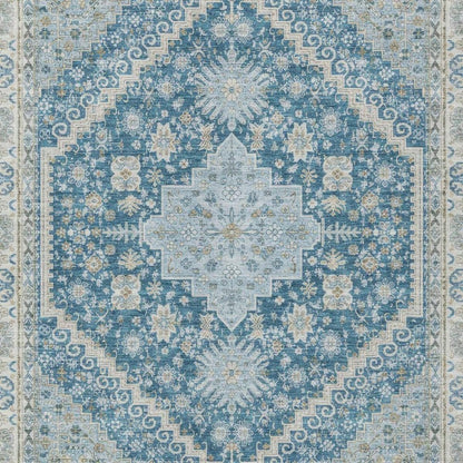 9' X 12' Teal Blue And Silver Oriental Washable Indoor Outdoor Area Rug