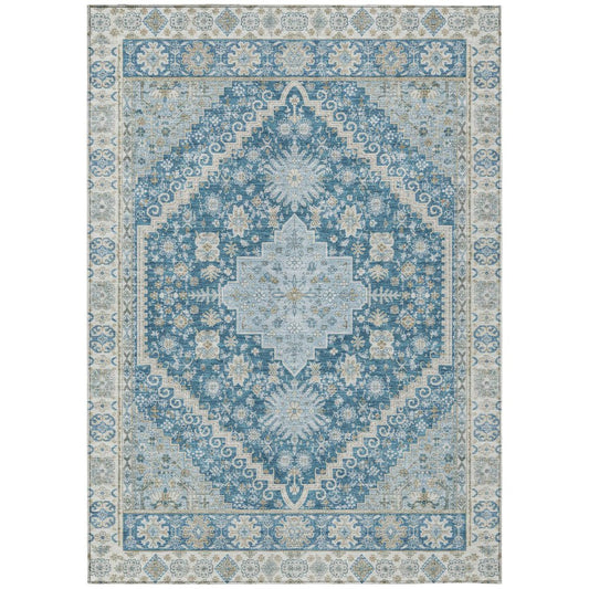9' X 12' Teal Blue And Silver Oriental Washable Indoor Outdoor Area Rug