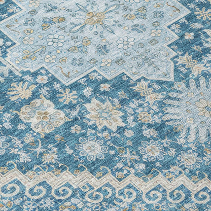 9' X 12' Teal Blue And Silver Oriental Washable Indoor Outdoor Area Rug