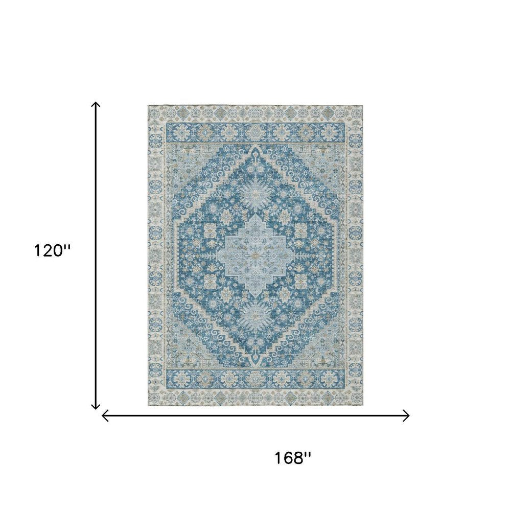 10' X 14' Teal Blue And Silver Oriental Washable Indoor Outdoor Area Rug HomeRoots