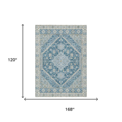 10' X 14' Teal Blue And Silver Oriental Washable Indoor Outdoor Area Rug