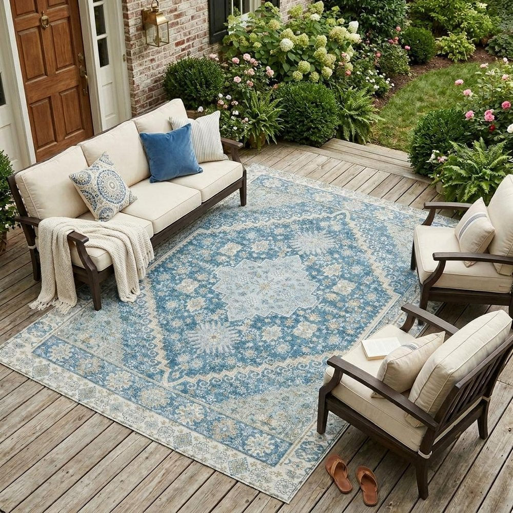 10' X 14' Teal Blue And Silver Oriental Washable Indoor Outdoor Area Rug — view 5