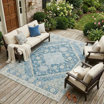 10' X 14' Teal Blue And Silver Oriental Washable Indoor Outdoor Area Rug HomeRoots
