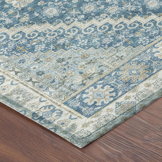 10' X 14' Teal Blue And Silver Oriental Washable Indoor Outdoor Area Rug