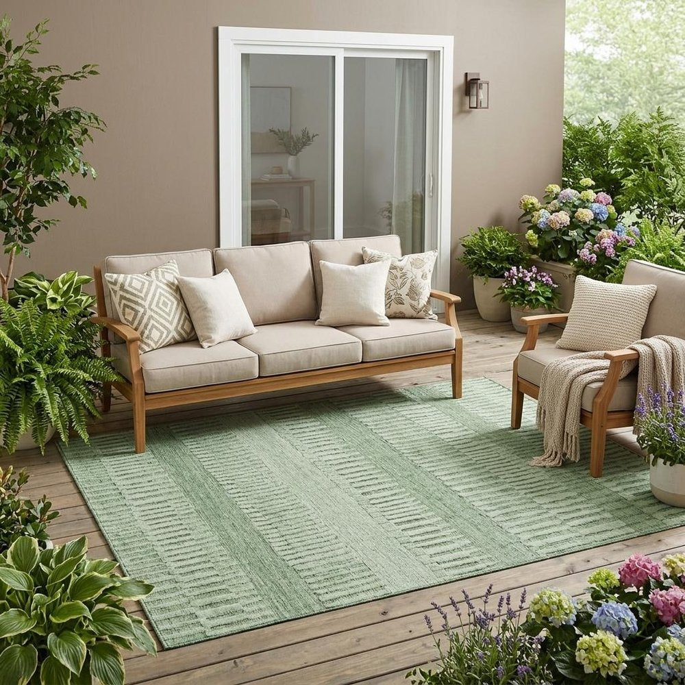 5' X 8' Green And Ivory Striped Washable Indoor Outdoor Area Rug HomeRoots