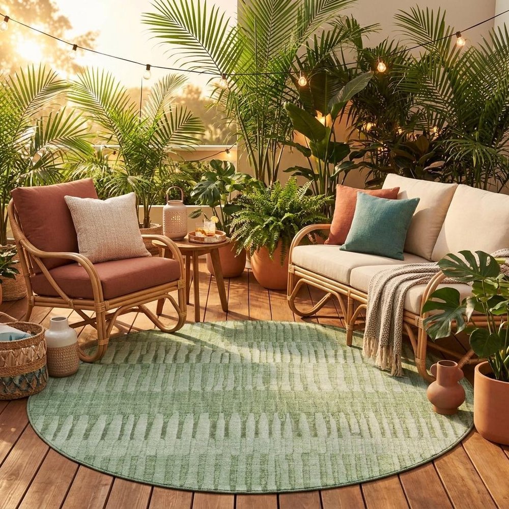 8' Green And Ivory Round Striped Washable Indoor Outdoor Area Rug