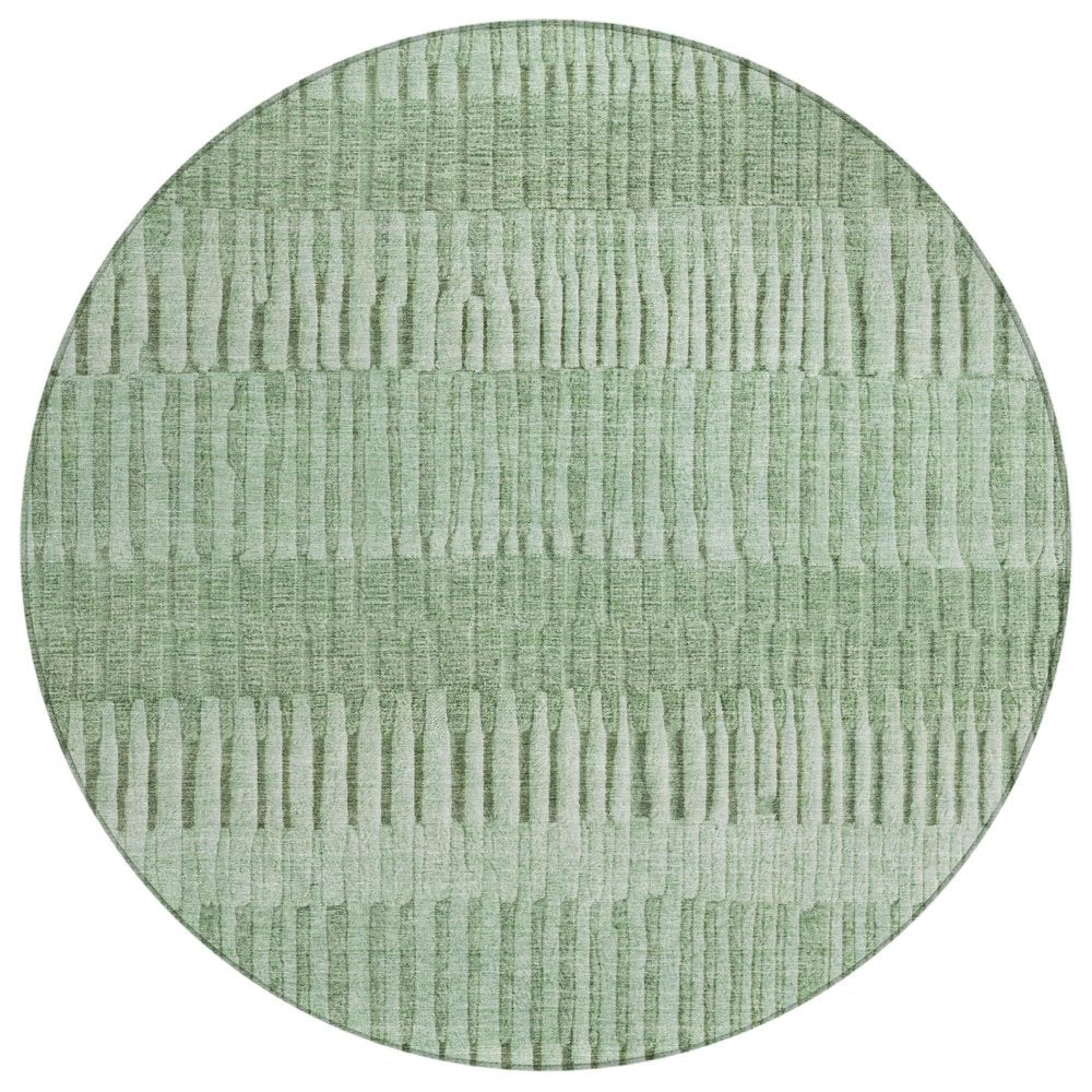 8' Green And Ivory Round Striped Washable Indoor Outdoor Area Rug