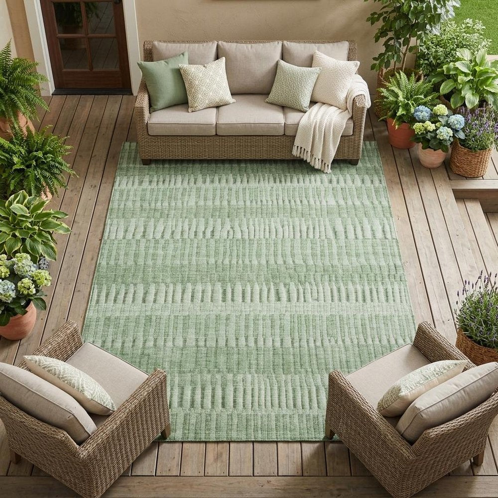 9' X 12' Green And Ivory Striped Washable Indoor Outdoor Area Rug — view 5