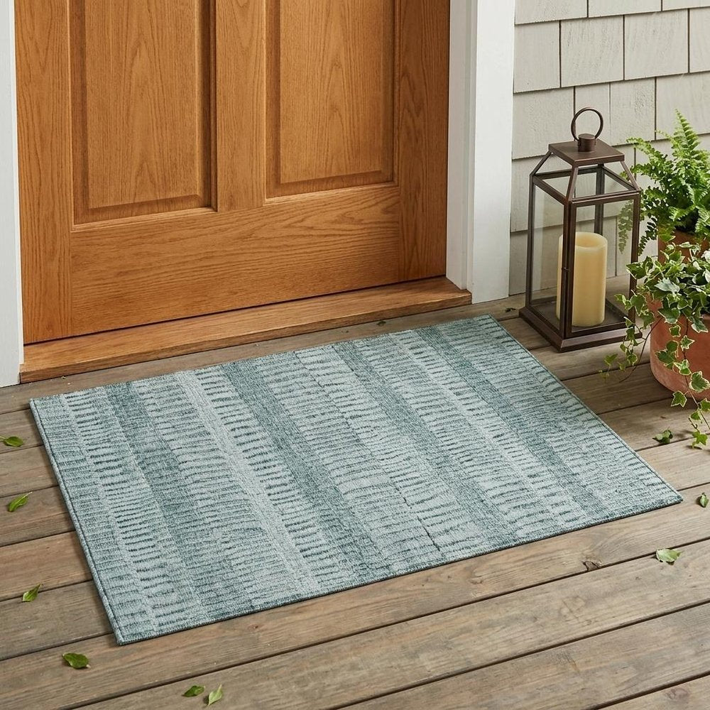 3' X 5' Aqua And Teal Blue Striped Washable Indoor Outdoor Area Rug HomeRoots