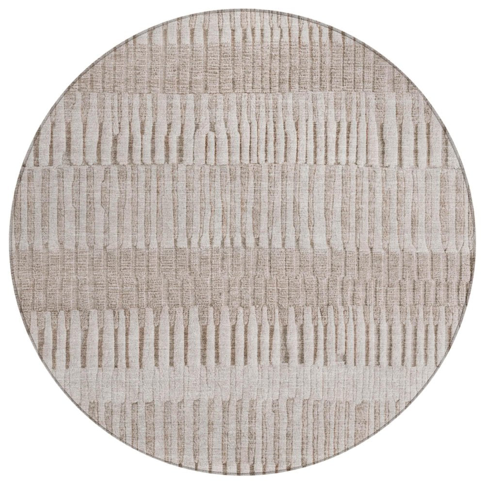 8' Beige And Brown Round Striped Washable Indoor Outdoor Area Rug — view 1