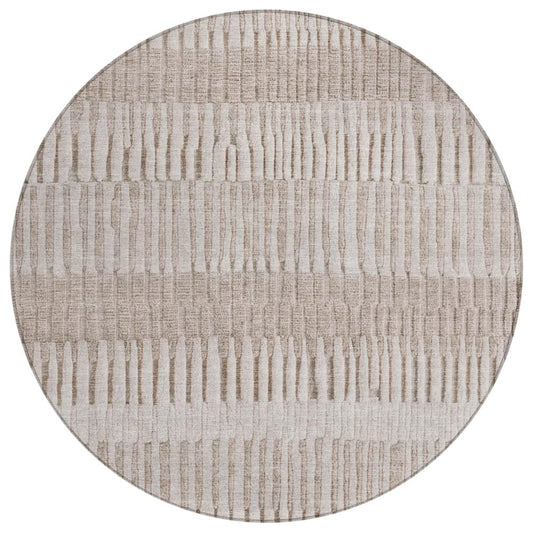 8' Beige And Brown Round Striped Washable Indoor Outdoor Area Rug