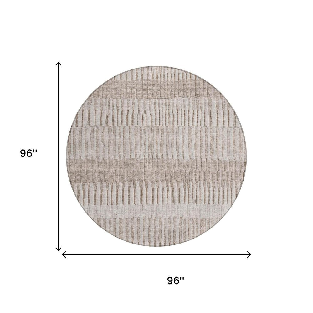 8' Beige And Brown Round Striped Washable Indoor Outdoor Area Rug — view 4