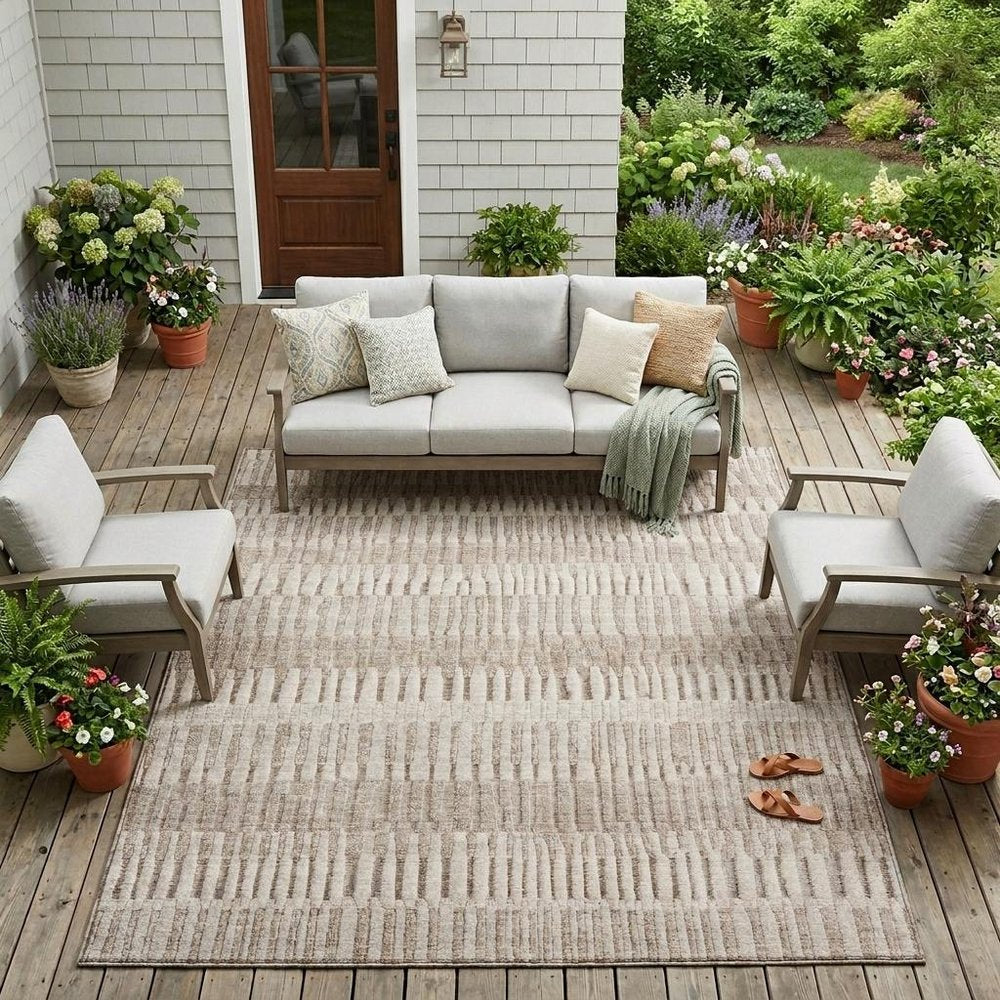 10' X 14' Beige And Brown Striped Washable Indoor Outdoor Area Rug HomeRoots
