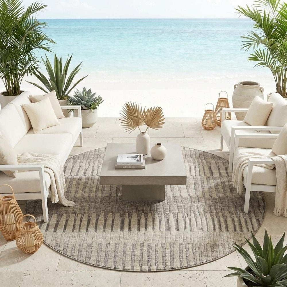8' Brown And Beige Round Striped Washable Indoor Outdoor Area Rug — view 5