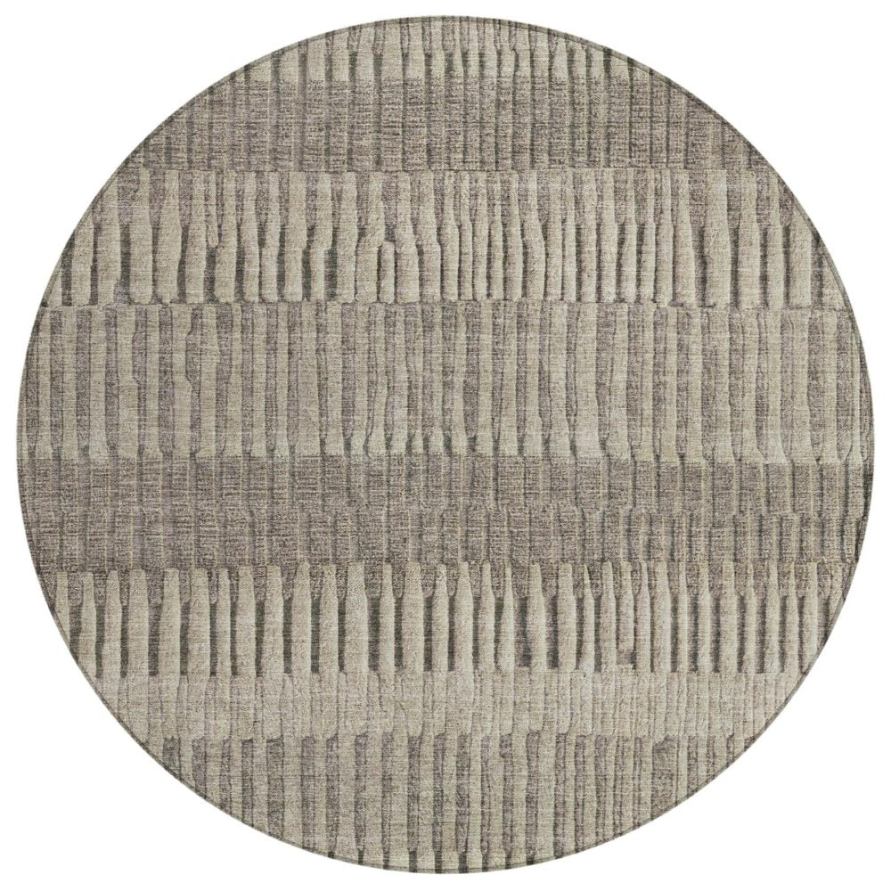 8' Brown And Beige Round Striped Washable Indoor Outdoor Area Rug — view 1
