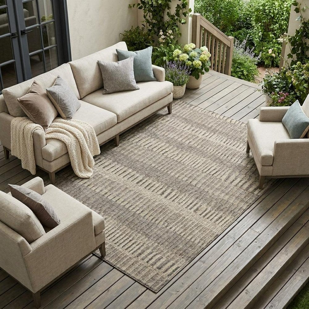 9' X 12' Brown And Beige Striped Washable Indoor Outdoor Area Rug — view 5