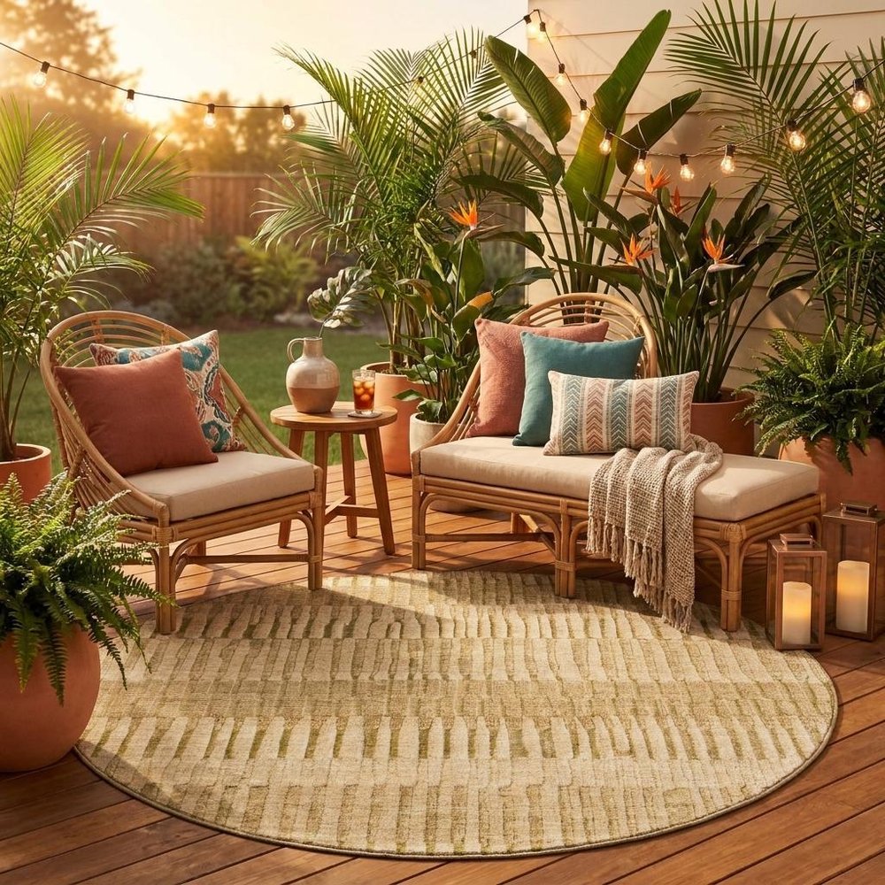 8' Copper And Orange Round Striped Washable Indoor Outdoor Area Rug — view 10
