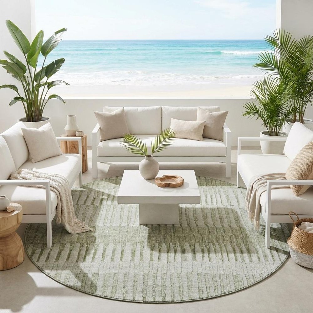 8' Sage And Green Round Striped Washable Indoor Outdoor Area Rug HomeRoots