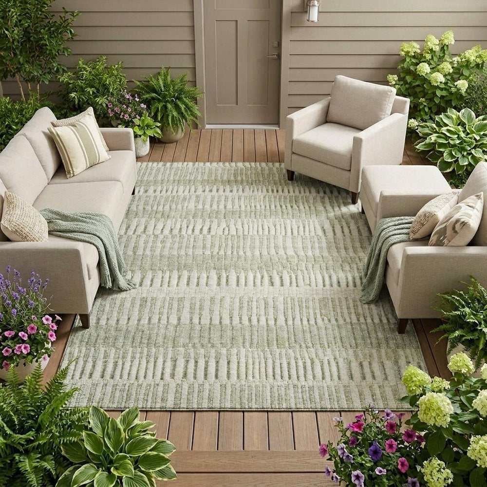 9' X 12' Sage And Green Striped Washable Indoor Outdoor Area Rug — view 5