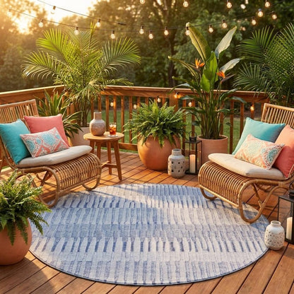 8' Sky Blue And Blue Round Striped Washable Indoor Outdoor Area Rug HomeRoots