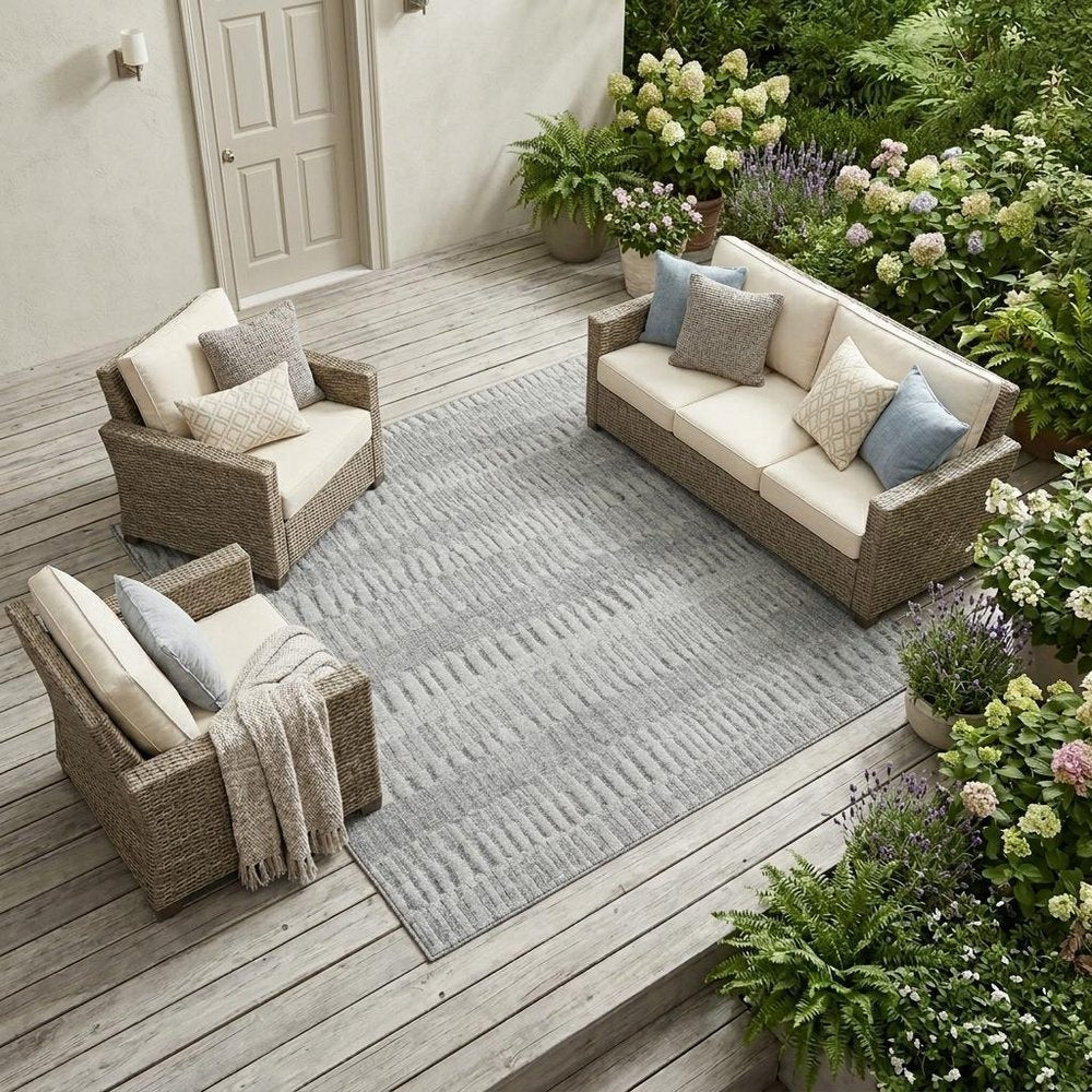 9' X 12' Silver And Gray Striped Washable Indoor Outdoor Area Rug — view 5
