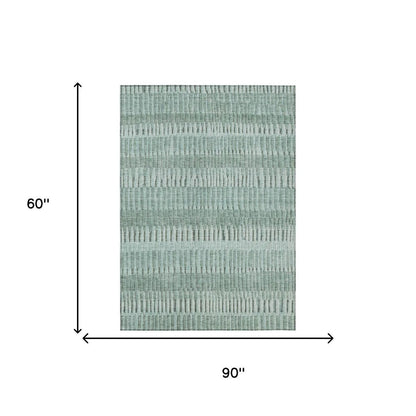 5' X 8' Teal Blue And Silver Striped Washable Indoor Outdoor Area Rug HomeRoots