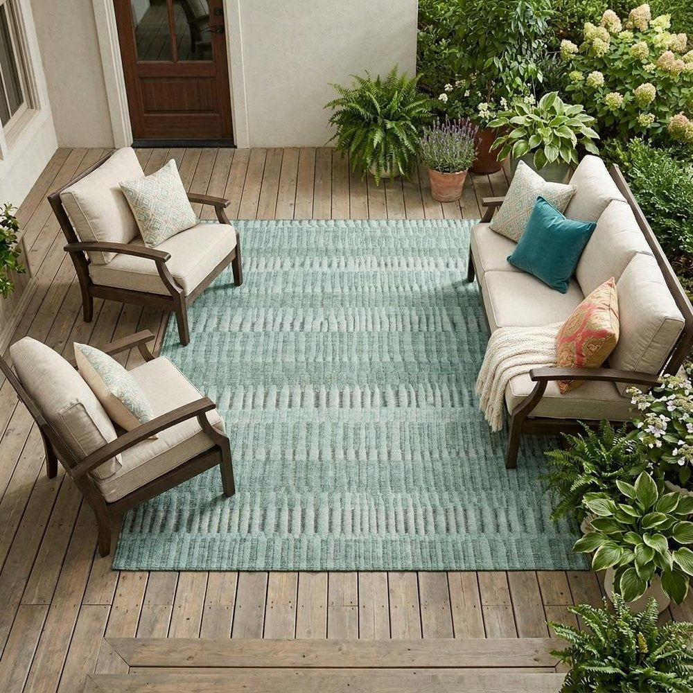 8' X 10' Teal Blue And Silver Striped Washable Indoor Outdoor Area Rug — view 5