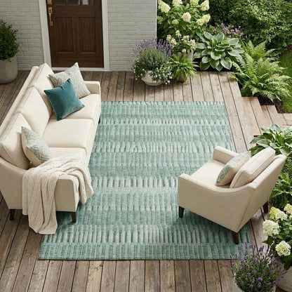 9' X 12' Teal Blue And Silver Striped Washable Indoor Outdoor Area Rug HomeRoots