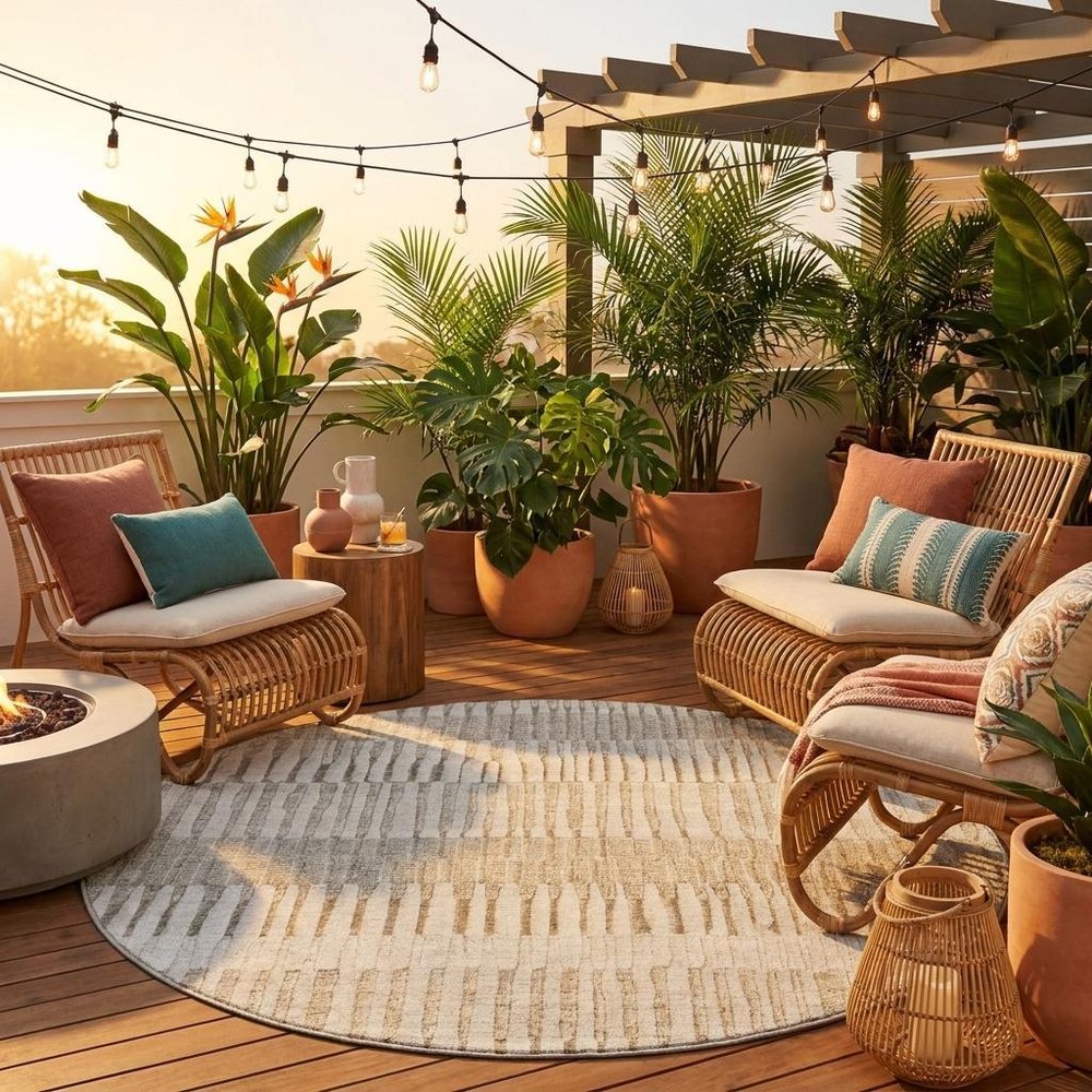 8' Taupe And Brown Round Striped Washable Indoor Outdoor Area Rug — view 5