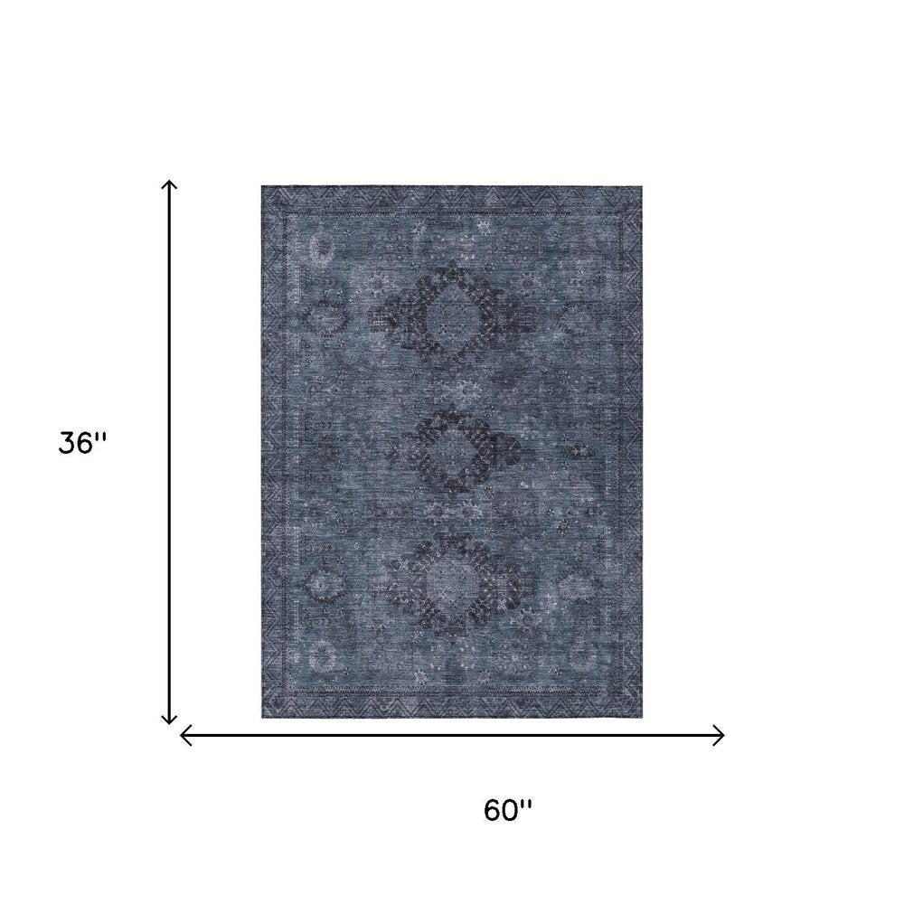 3' X 5' Denim Blue And Blue Oriental Washable Indoor Outdoor Area Rug — view 4