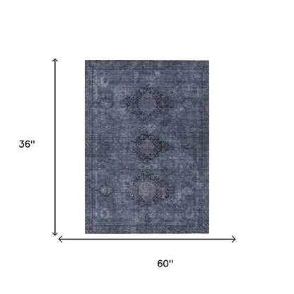 3' X 5' Denim Blue And Blue Oriental Washable Indoor Outdoor Area Rug HomeRoots