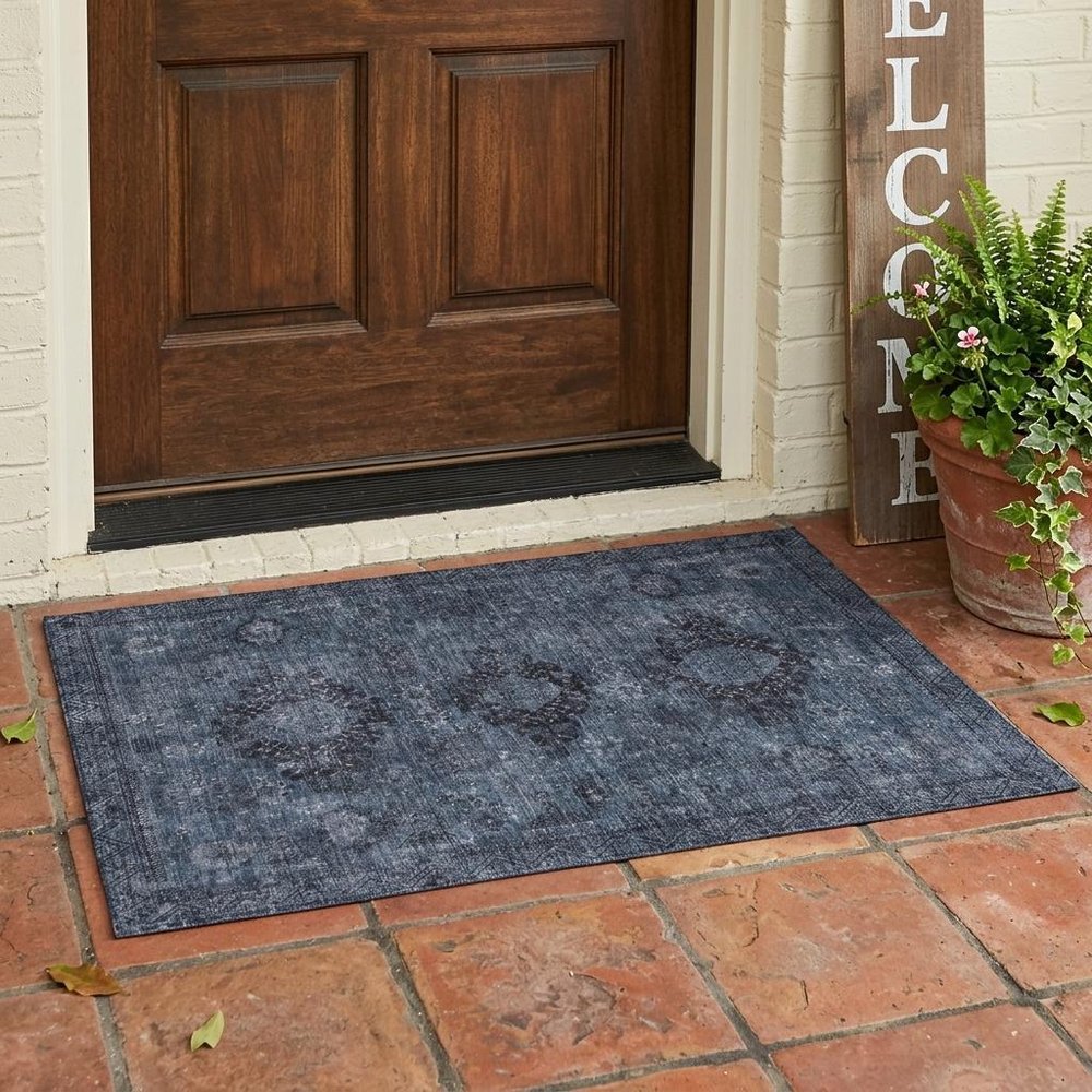 3' X 5' Denim Blue And Blue Oriental Washable Indoor Outdoor Area Rug HomeRoots