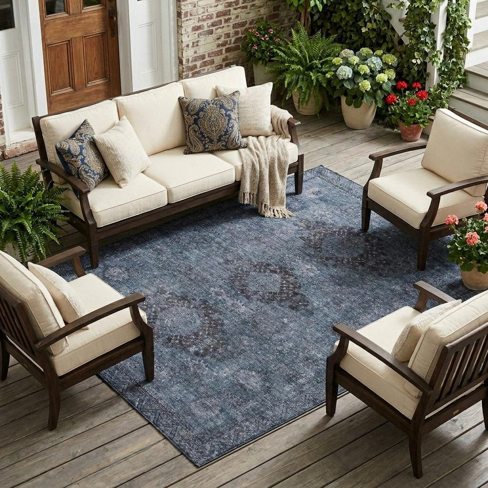8' X 10' Denim Blue And Blue Oriental Washable Indoor Outdoor Area Rug — view 5