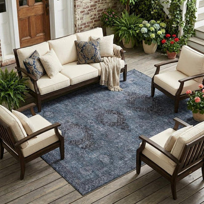 8' X 10' Denim Blue And Blue Oriental Washable Indoor Outdoor Area Rug HomeRoots