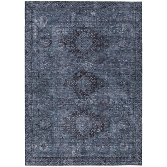 8' X 10' Denim Blue And Blue Oriental Washable Indoor Outdoor Area Rug
