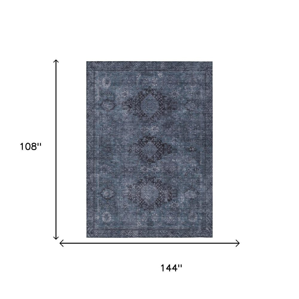 9' X 12' Denim Blue And Blue Oriental Washable Indoor Outdoor Area Rug — view 4