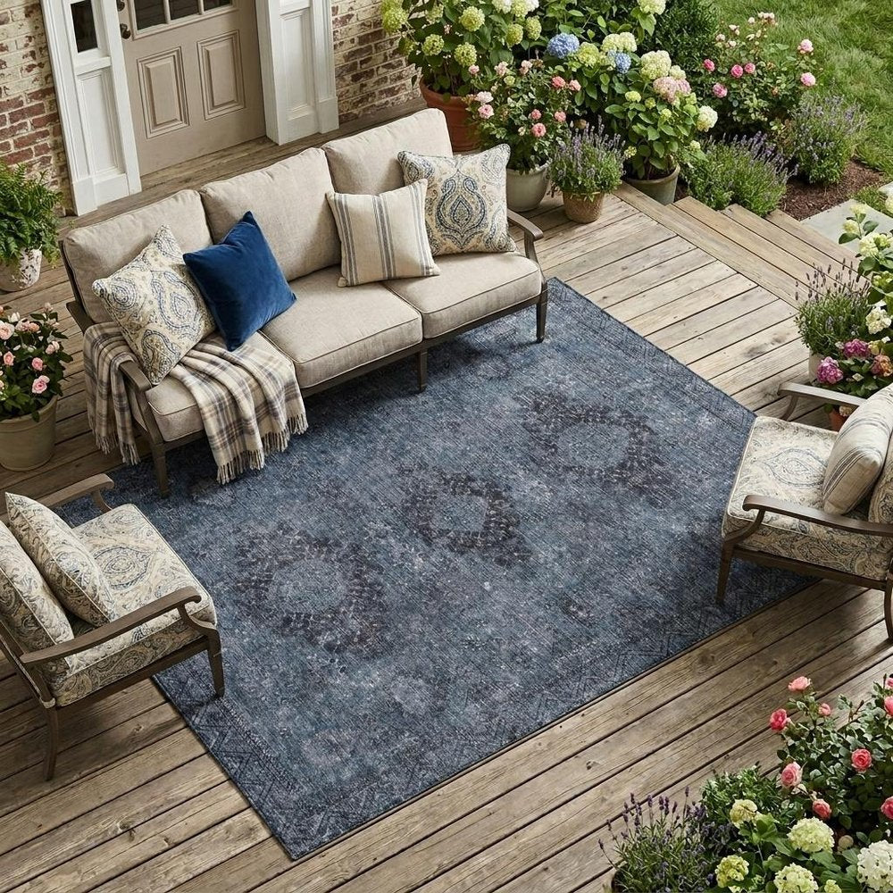 9' X 12' Denim Blue And Blue Oriental Washable Indoor Outdoor Area Rug HomeRoots