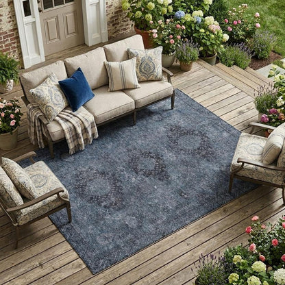 9' X 12' Denim Blue And Blue Oriental Washable Indoor Outdoor Area Rug HomeRoots