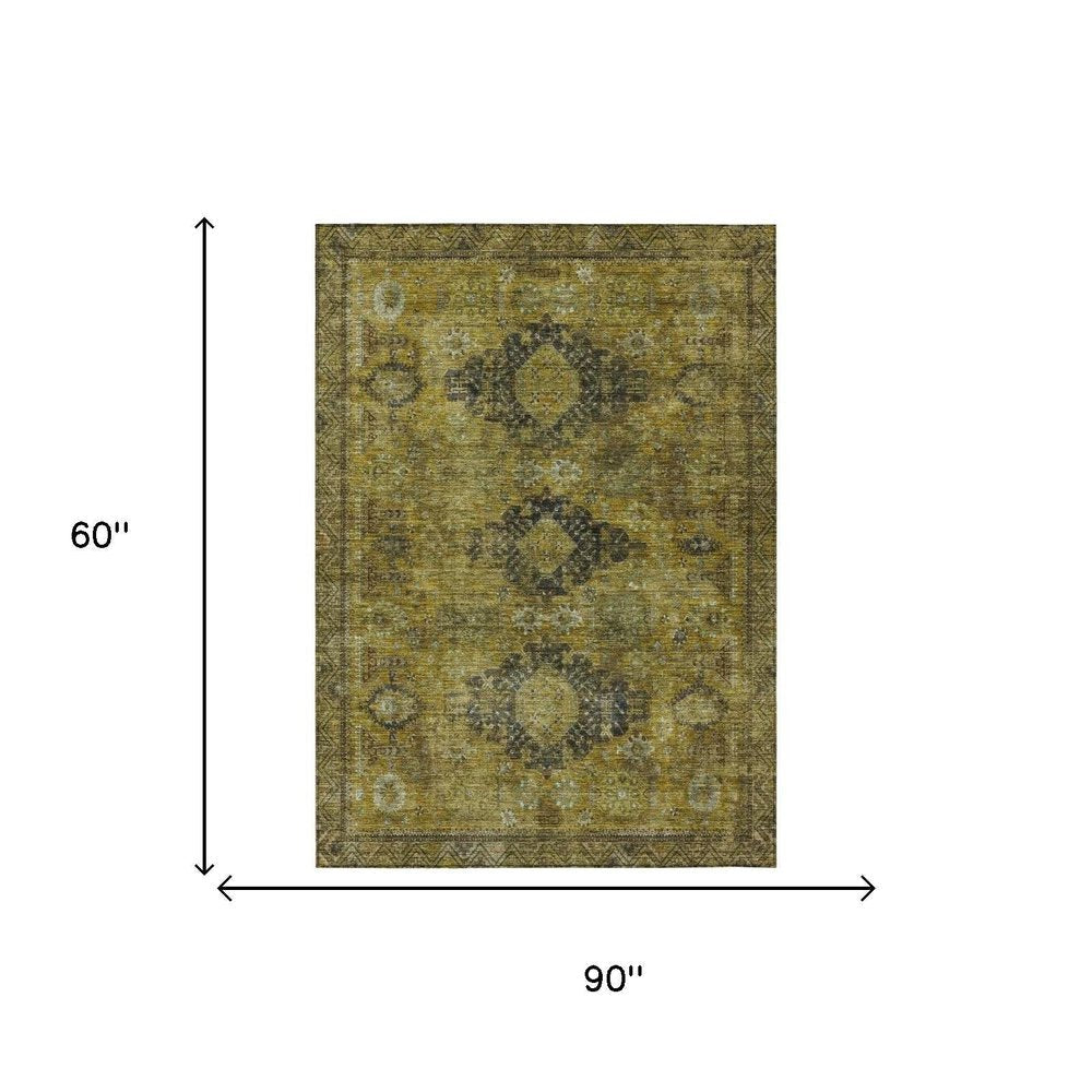 5' X 8' Gold And Walnut Oriental Washable Indoor Outdoor Area Rug HomeRoots