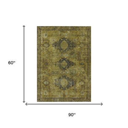 5' X 8' Gold And Walnut Oriental Washable Indoor Outdoor Area Rug HomeRoots