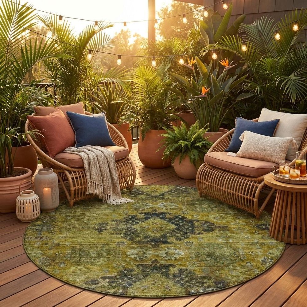 8' Gold And Walnut Round Oriental Washable Indoor Outdoor Area Rug — view 5