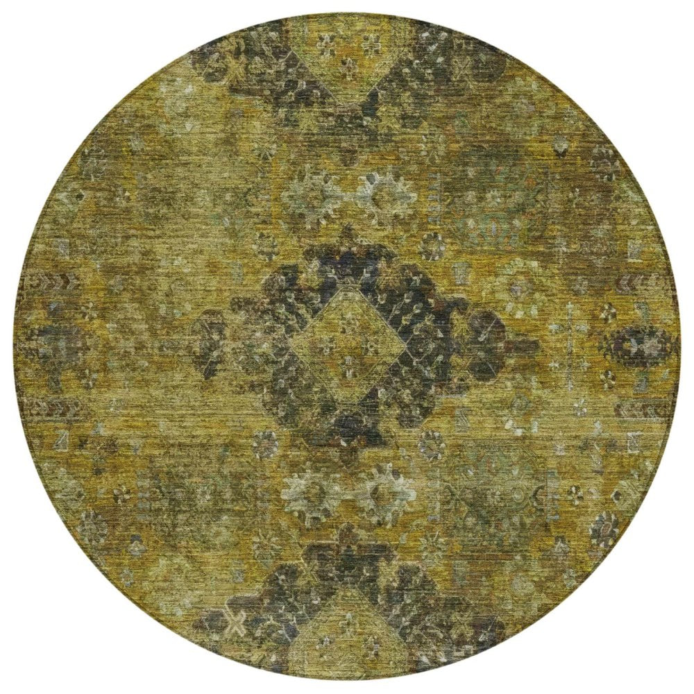 8' Gold And Walnut Round Oriental Washable Indoor Outdoor Area Rug — view 1