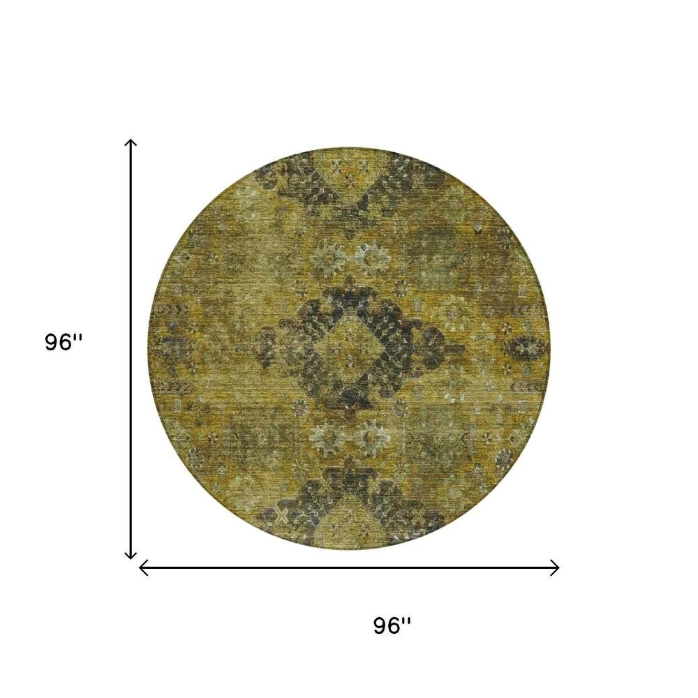 8' Gold And Walnut Round Oriental Washable Indoor Outdoor Area Rug HomeRoots