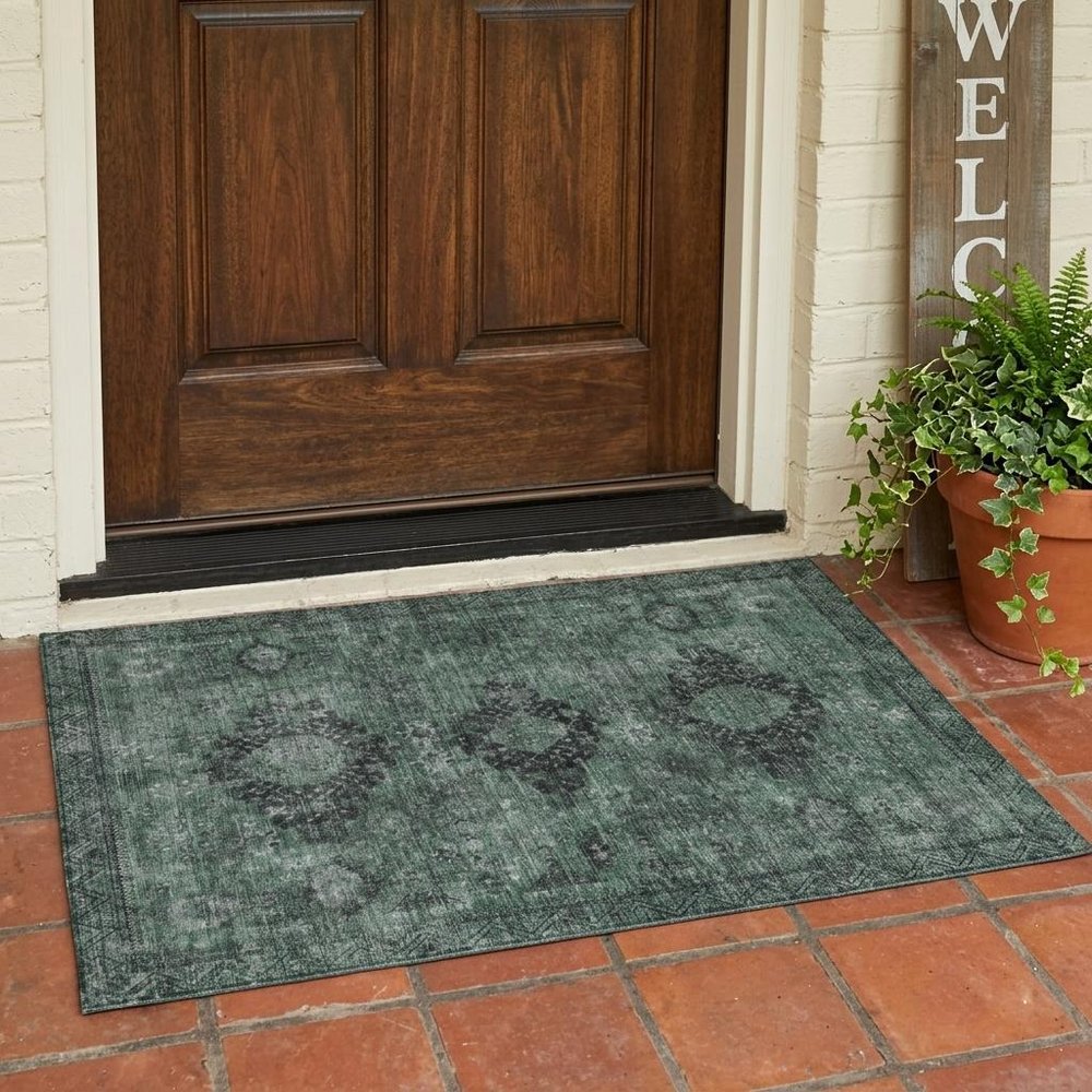 3' X 5' Mint Green And Green Oriental Washable Indoor Outdoor Area Rug — view 5