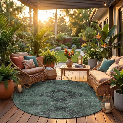8' Mint Green And Green Round Oriental Washable Indoor Outdoor Area Rug HomeRoots
