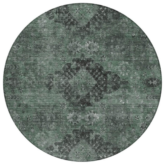 8' Mint Green And Green Round Oriental Washable Indoor Outdoor Area Rug