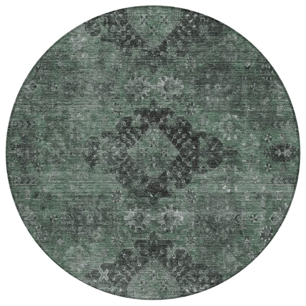 8' Mint Green And Green Round Oriental Washable Indoor Outdoor Area Rug HomeRoots