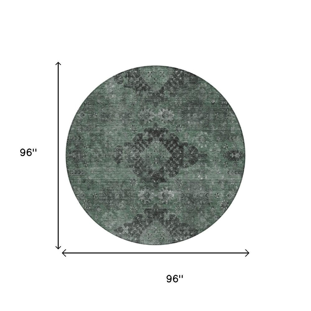 8' Mint Green And Green Round Oriental Washable Indoor Outdoor Area Rug — view 4
