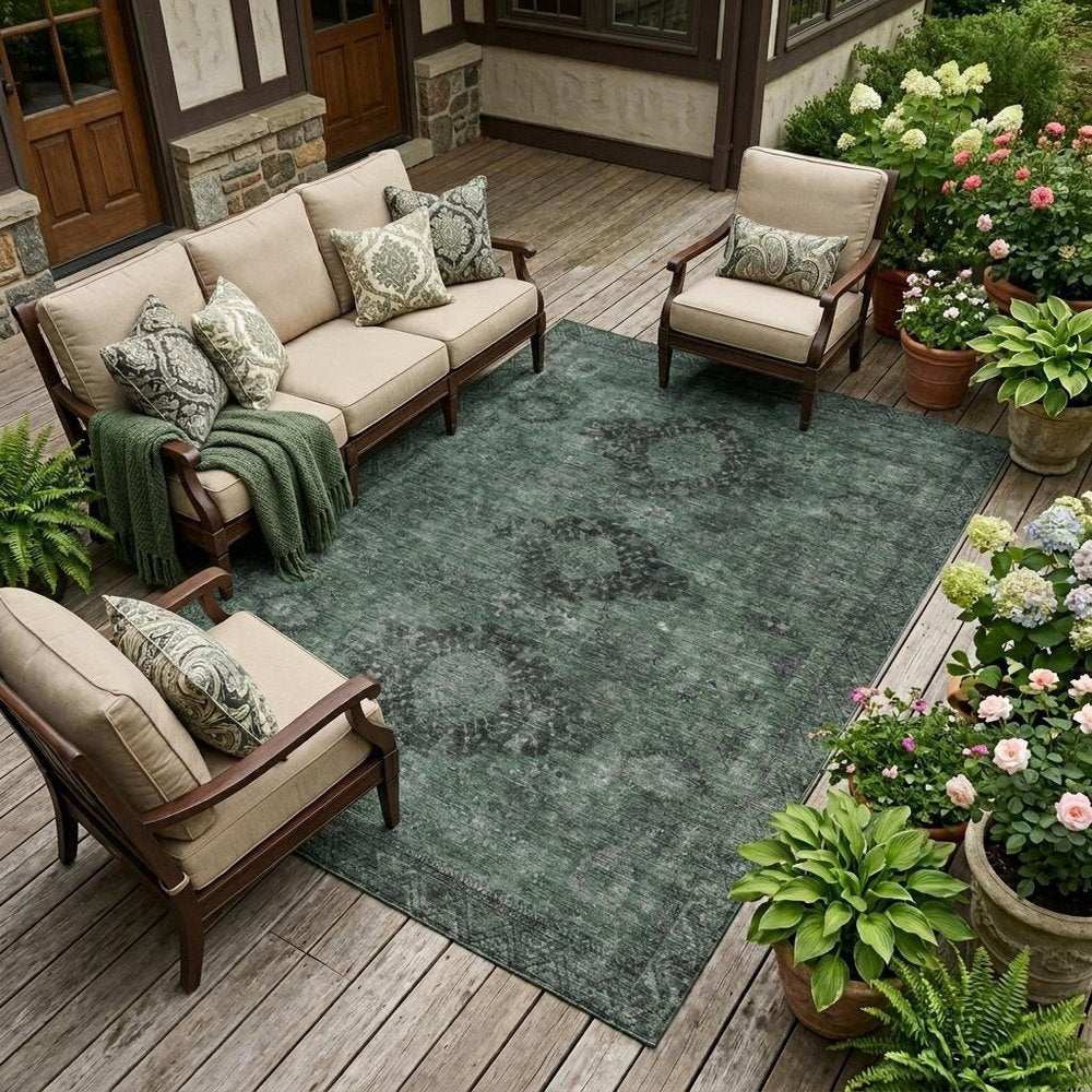 8' X 10' Mint Green And Green Oriental Washable Indoor Outdoor Area Rug — view 5